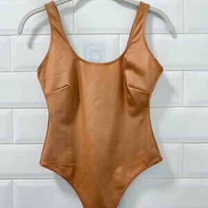 Strappy Wet Jersey Tank Thong Bodysuit Sienna Nude Beige Tan